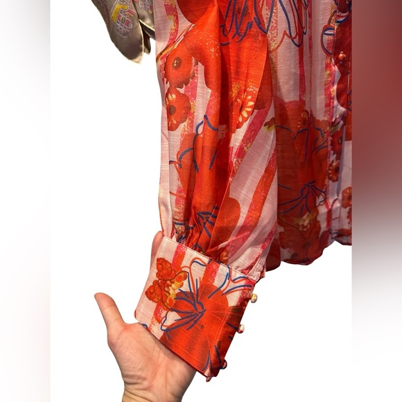 Vibrant Red Floral Sheer Blouse - Picture 5 of 7